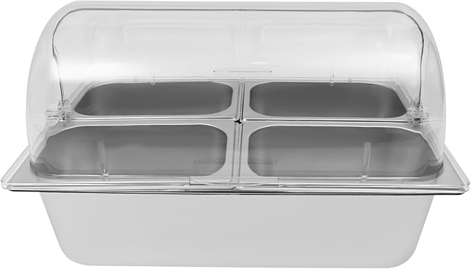 4 Pans Countertop Food Serving Display Container, Stainless Steel Flip-Top Fruit Tray with Clear Roll Top Cover, Buffet Chilled Condiment Container for Restaurant Hotel Kitchen