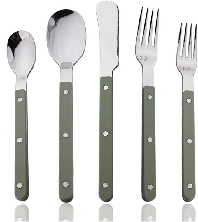 JASHII Silverware Flatware Set 20 Pieces Stainless Steel With Rivet Retro Cutlery Set Knife Fork Spoon Set Service for 4 for Home Restaurant Wedding - Green Handle