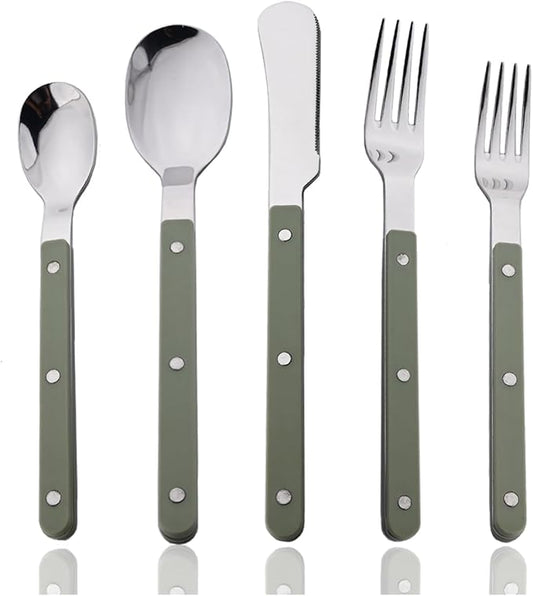 JASHII Silverware Flatware Set 20 Pieces Stainless Steel With Rivet Retro Cutlery Set Knife Fork Spoon Set Service for 4 for Home Restaurant Wedding - Green Handle