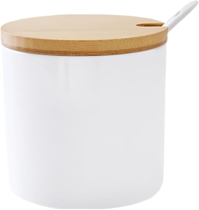 300ml White Ceramic Sugar Bowl Salt Bowl,Porcelain Condiment Jar Spice Container with Bamboo Lids Spoon,Spice Jar Seasoning Condiment Pot Honey Jar for Home Kitchen