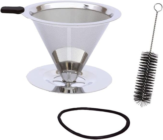 SEIWEI Pour Over Coffee Dripper Stainless Steel Slow Drip Metal Coffee Filter Reusable Paperless Coffee Maker Tools with Cup Stand and Cleaning Brush Dia 115mm