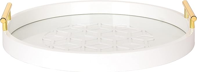 Kate and Laurel Caspen Round Cut Out Pattern Decorative Tray with Gold Metal Handles, White
