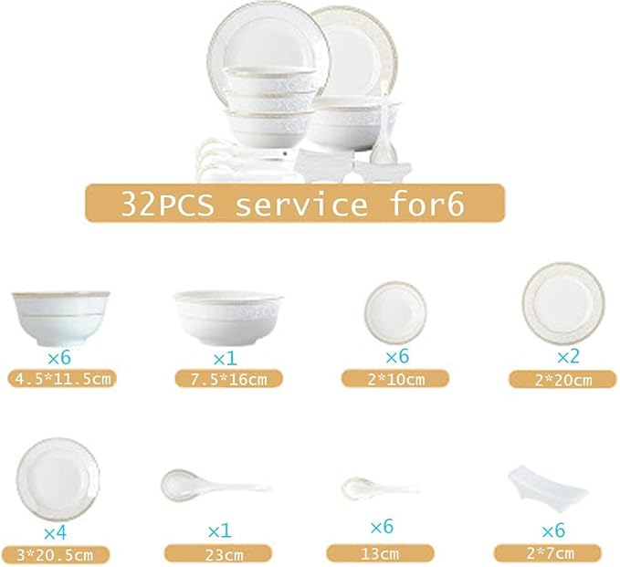 White Round Porcelain Dinnerware Set, Dishes/Plate/Bowl Set, Fine Bone China Dinnerware Sets, Collection Ceramic Kitchen and Dining Sets for Home,B56 pcs Service for 10 (32 Pcs Service for