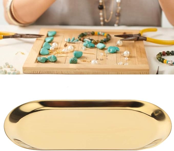 7in Stainless Steel Decorative Tray, Set of 5 Makeup Jewelry Dish Cosmetics Organizer MakeupBathroom Clutter Serving Platter Storage Tray, Oval (Golden)