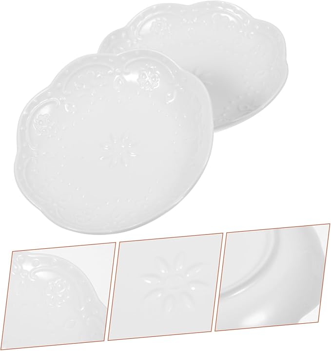 2pcs Decorative Floral Relief Ceramic Appetizer Plates White Sauce Dishes for Seasoning Suitable for Dips Desserts and Snacks
