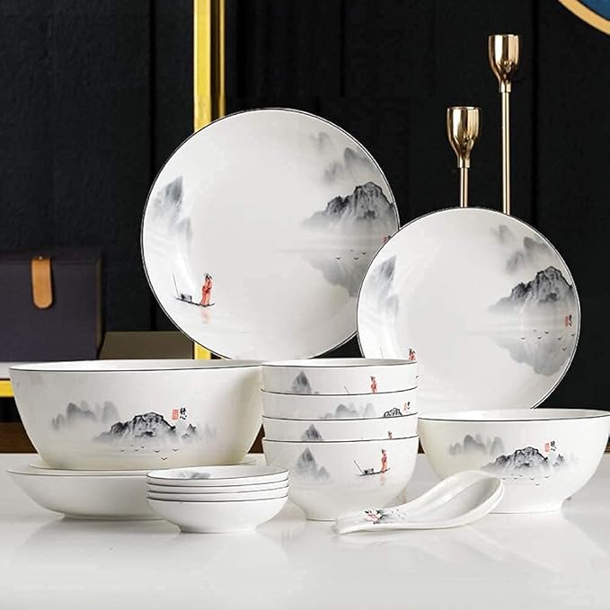 Chinese Dinnerware Set for 4/6/12, Black and White Plates and Bowls, Porcelain, 18 Pieces