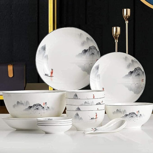 Chinese Dinnerware Set for 4/6/12, Black and White Plates and Bowls, Porcelain, 18 Pieces