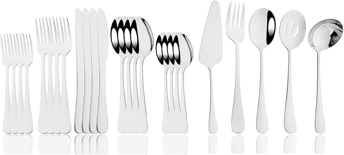 JASHII 25-Piece Fork Spoon Knife Silverware Set with Serving Utensils for 4, Food Grade Stainless Steel Flatware Cutlery Set for Home and Restaurant, Dishwasher Safe - Shiny Silver