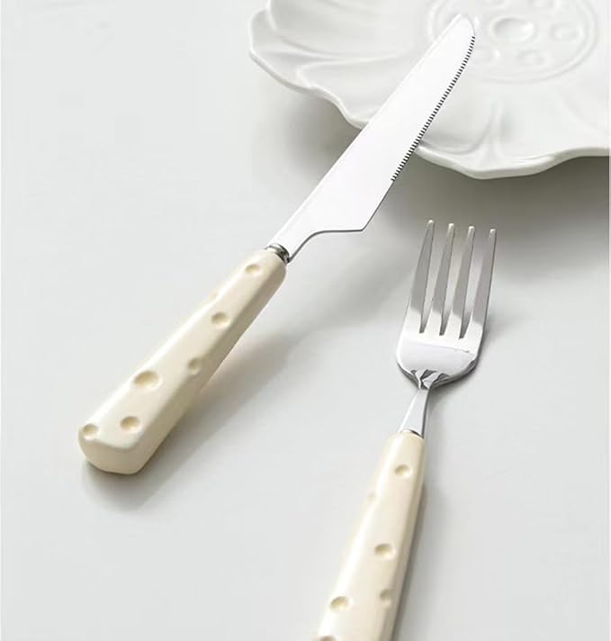 4Pcs Silverware Set, Cute Stainless Steel Flatware Cutlery Set with Cheese-shaped Ceramic Handle Dishwasher Safe Kitchen Dinnerware Set Include Knife/Fork/Spoon/Coffee spoon