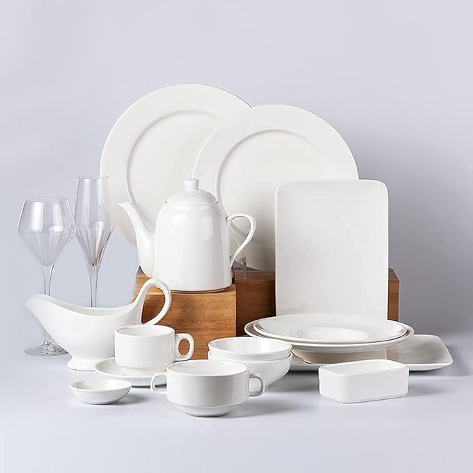 Classic 32pcs Dinnerware Sets Pure White,Elegant Ceramics Dinner Sets,Complete Porcelain Combi-Set,Fine Plates Bowls and Cups,Microwave and Dishwasher Safe,for Kitch,