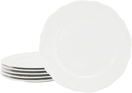 Elama Henryi 6 Piece Embossed Rim Detail Porcelain White 8.75 Inch Salad Plate Set, Tableware Set, Serveware (6 Pc Salad Plate)