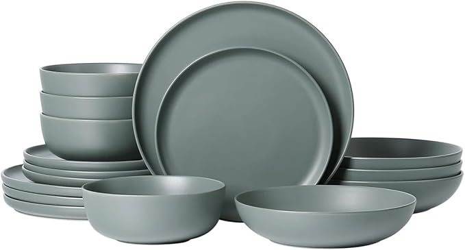 Stoneware Dinnerware Set, 16 Piece Plates and Bowls Set for 4, Microwave and Dishwasher Safe Tableware (green)