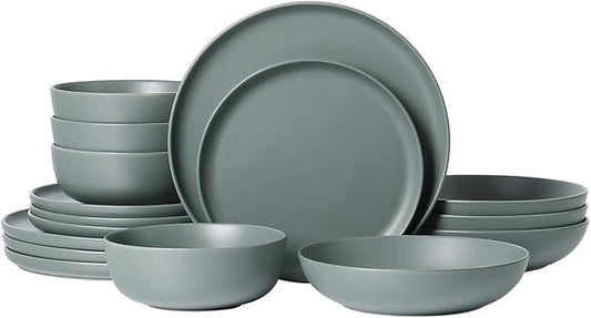 Stoneware Dinnerware Set, 16 Piece Plates and Bowls Set for 4, Microwave and Dishwasher Safe Tableware (green)