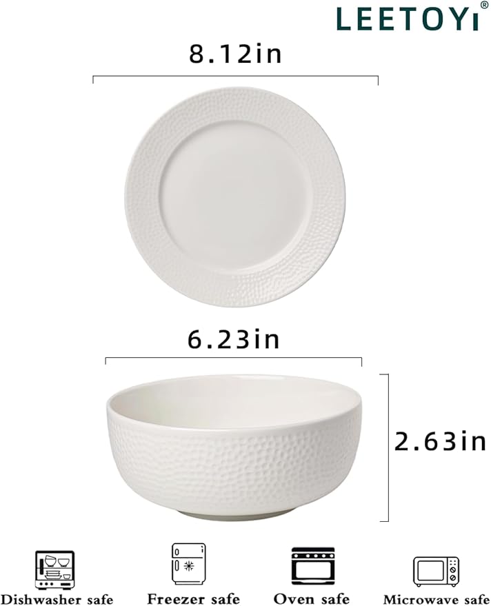 LEETOYI Ceramic Dinnerware Set, 26 OZ Bowl with Plates, Tableware for Kitchen and Formal Dining Used for Cereal, Salad, Pasta, Soup, Dessert, Dishwasher & Microwave Safe, White
