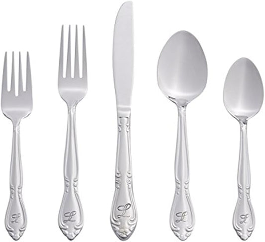 Monogrammed Flatware Set 46-Piece - Stainless Steel Dinnerware, Rose Pattern, Table Setting for Home & Events