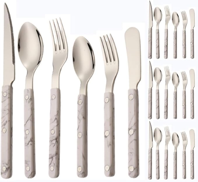 ABS Rivet Handle Marble Pattern Handle Kitchen Stainless Steel Silverware Tableware Flatware Cutlery Knives Forks Spoons Set,Butter Knife Dessert Spoon Fork (Marbling,24 pieces)
