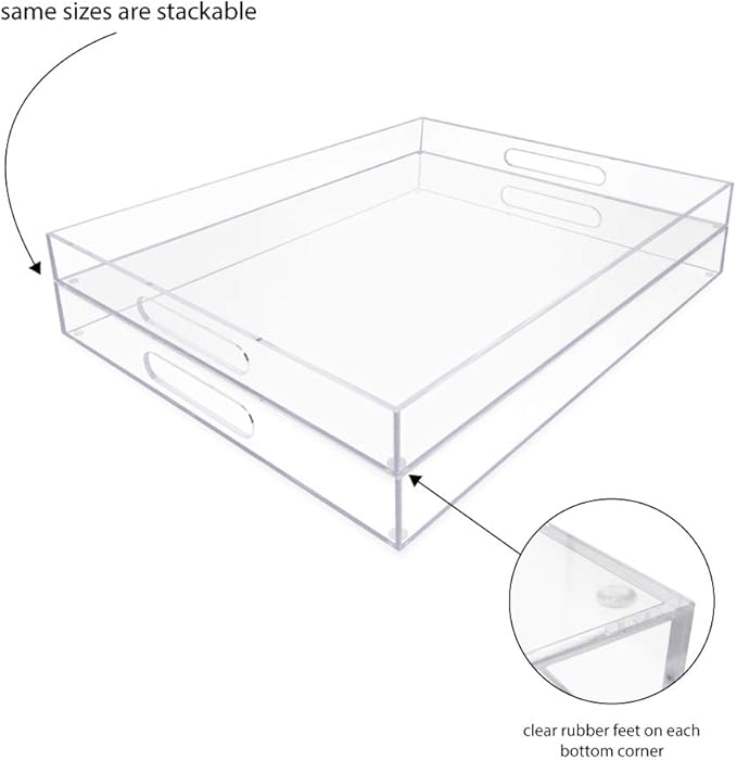 Isaac Jacobs Clear Acrylic Serving Tray (16x20) with Cutout Handles, Spill-Proof, Stackable Organizer, Space-Saver, Food & Drinks Server, Indoors/Outdoors, Lucite Storage Décor & More