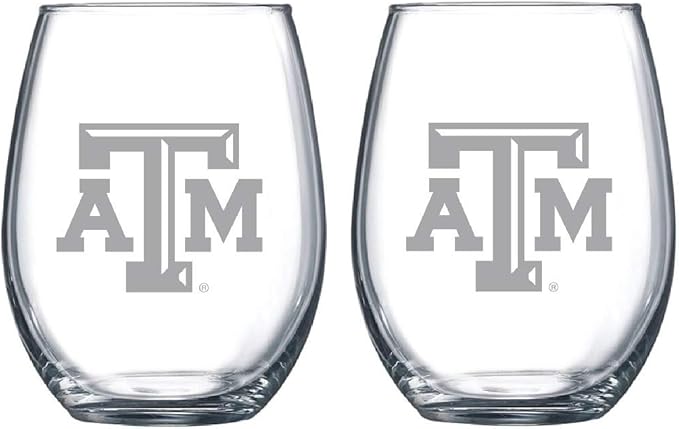 Texas A&M Aggies Satin Frost Stemless Wine Glass Set – Official Clear Glass with White Logo – Heavy-Duty Made in USA Drinkware – Dishwasher Safe – Set of Two, 15 oz