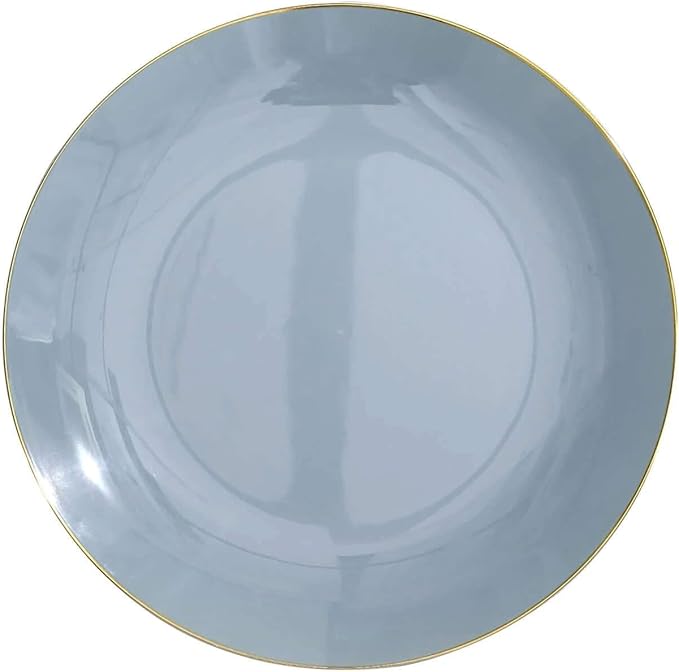 Efavormart 10 Pack | 10" Glossy Dusty Blue Round Plastic Dinner Plates With Gold Rim, Disposable Party Plates