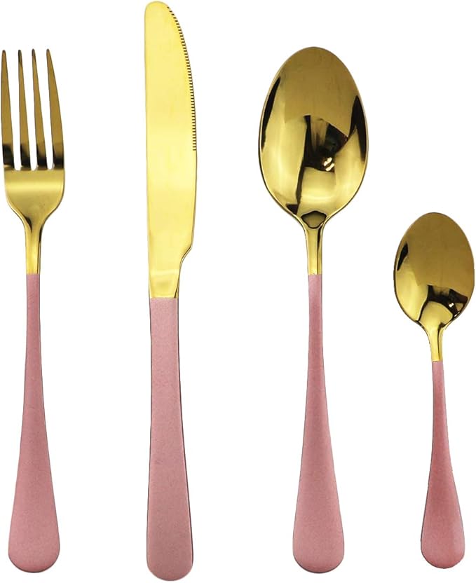 Gugrida Pink Handle Gold Silverware Set, Satin Finish 4 Pcs Stainless Steel Flatware Set, Tableware for Home and Restaurant,With Portable Collapsible Straw Dishwasher Safe, Utensil Set Service for 1