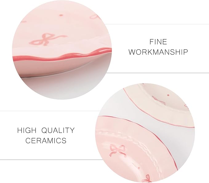 JarThenaAMCS 2Pcs Pink Bow Ceramic Dish White Pink Bow Tie Dinner Plates Cute Coquette Salad Appetizer Plates for Holding Necklaces Earrings Bracelets Decorative Plate Home Restaurant Table Decor