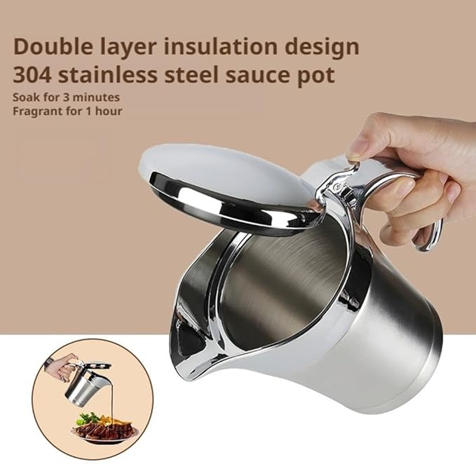 Stainless Steel Gravy Boat with Lid – 450ml Double Wall Insulated Sauce Jug for Gravy, Cream & Custard, Drip-Free Pour Spout for Thanksgiving, Home or Restaurant Use (Silvery)