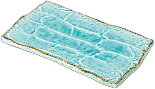 Fuchi Rust Marine Blue Chiseled Oblong Square Pottery Plate [9.6 x 5.7 x 1.0 inches (24.5 x 14.5 x 2.5 cm) | Appetizer Plate, Setomonohonpo,