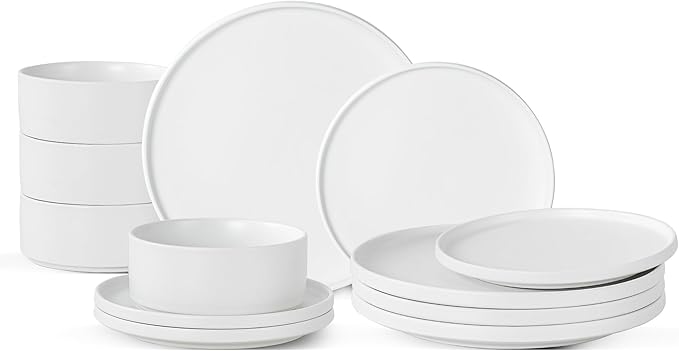 Plates and Bowls Sets, 12 Piece Ceramic Dinnerware Set for Family and Gatherings, Dishes Set for 4, Dishwasher & Microwave Safe, Handcrafted Stoneware Sets, Modern White