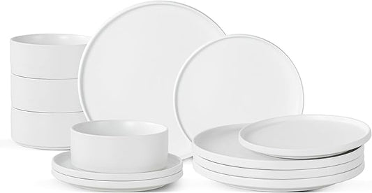 Plates and Bowls Sets, 12 Piece Ceramic Dinnerware Set for Family and Gatherings, Dishes Set for 4, Dishwasher & Microwave Safe, Handcrafted Stoneware Sets, Modern White