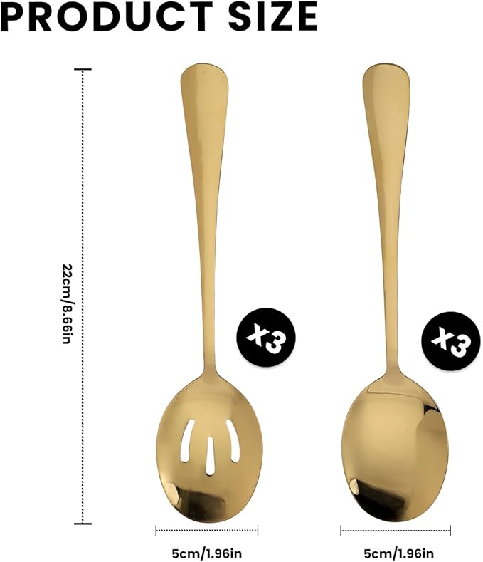 6 Pcs Gold Serving Utensils Set, 8.7 Inch Stainless Steel Gold Serving Spoons, Includes 3 Spoon and 3 Slotted Spoon, Buffet Banquet Large Utensils Cutlery Set, Mirror Polished, Dishwasher Safe