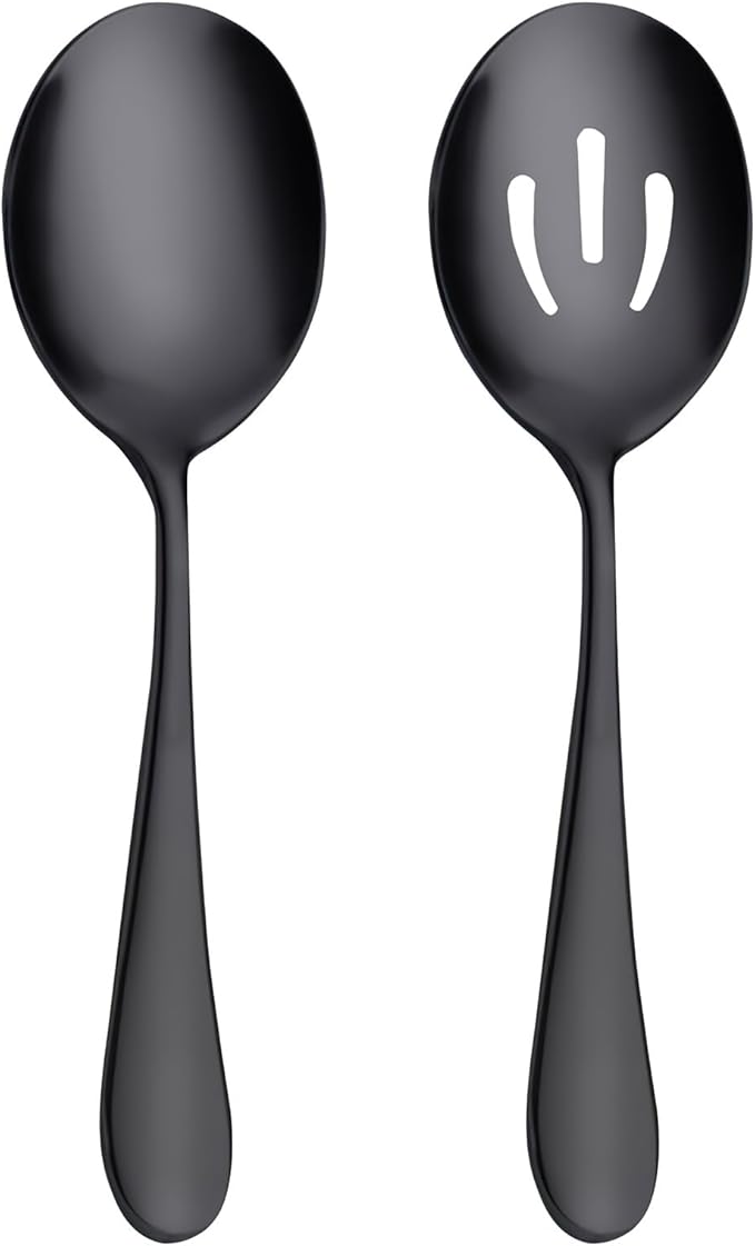 AOOSY 8.7 Inch Matte Black Stainless Steel Serving Spoon Set, Serving Spoons x 1, Slotted Spoons x 1 Utility Advanced Buffet Utensils