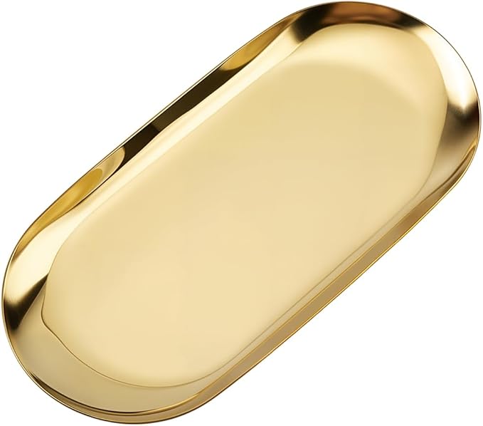 CRASPIRE 7 x 3.47 Inch Small Gold Oval Vanity Tray Stainless Steel Trinket Trays Metal Jewelry Dish Food Storage Plate Cosmetics Organizer for Serving Platter Jewelry Towel Bathroom Clutter Decoration