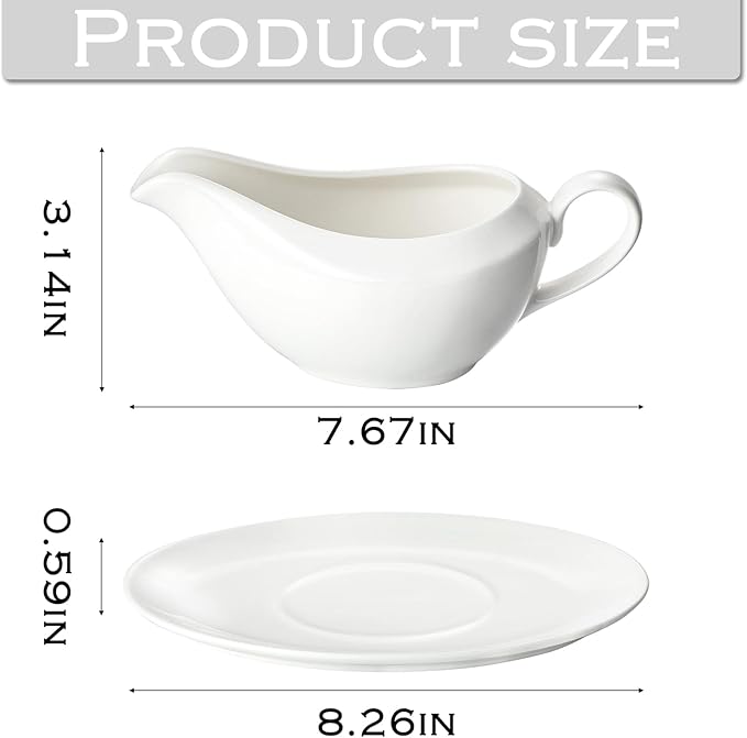 Gravy Boat with Saucer, 14oz Ceramic Gravy Bowl Sauce Boat with Tray for Broth, Salad Dressings, Cream, Milk and Black Pepper (white, Large)