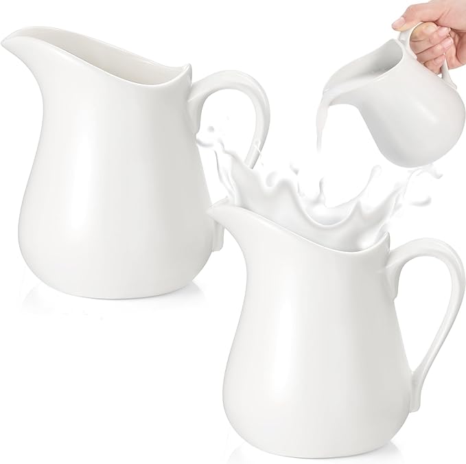 Nuanchu 2 Pcs 16 oz Creamer Milk Pitcher, Classic White Porcelain Creamer with Handle, Ceramic Maple Syrup Dispenser, Coffee Dairy Container for Milk Sauce Salad, Microwave