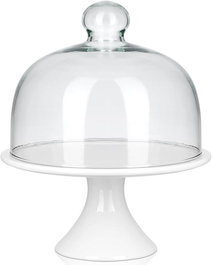 ERINGOGO Cake Stand 8 inch Ceramic Cake Stand, Footed Cake Plate with Glass Dome, Dessert Serving Platter Cheese Board, Wedding Server Tray for Pastries, Doughnuts, Muffin Wedding Decor