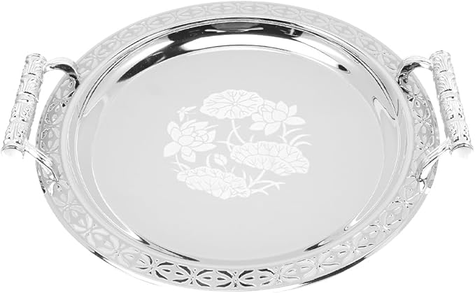 Zerodeko Stainless Steel Tea Tray Tea Serving Platter with Handles European Serving Tray Round Dinner Plate Retro Fruit for Food Fruit Coffee Silver