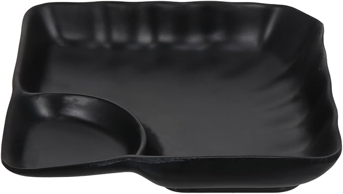 Kichvoe Black Divided Sushi & Dumpling Plate with Sauce Compartment | Japanese Serving Tray for Appetizers & Snacks, 6.88X6.88X1.37In