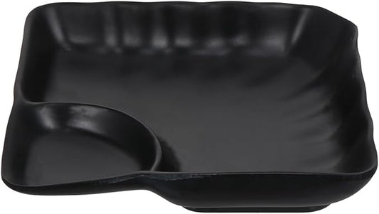 Kichvoe Black Divided Sushi & Dumpling Plate with Sauce Compartment | Japanese Serving Tray for Appetizers & Snacks, 6.88X6.88X1.37In