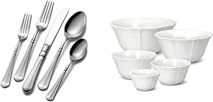 Mikasa French Countryside 65-Piece 18/10 Stainless Steel Flatware Serving Utensil Set, Service for 12 and Mikasa French Countryside Stackable Bowls, Set of 5, White