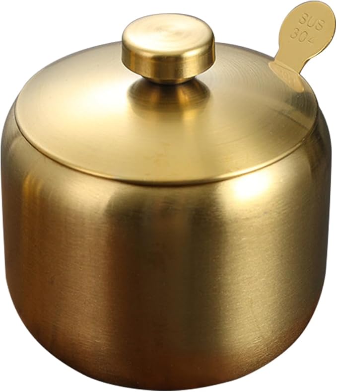 304 Stainless Steel Sugar Bowl with Lid and Spoon Salt Pepper Spices Bowl Spice Jar Seasoning Pot Condiment Container for Home Kitchen 14.5oz/430ml (Gold 1, 1PCS)