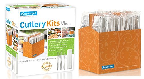 Cartwright 24 Count Clear Superior Strength Plastic Fork, Knife, Spoon, and Premium Napkin Individually Wrapped Cutlery Kits in Decorative Carrier