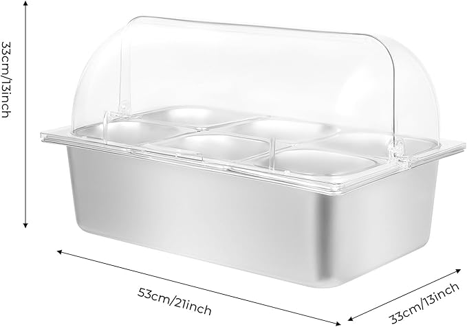 Countertop Food Serving Display, 6 Pans Food Serving Tray Stainless Steel Ice Food Serving Display Tray with Lid for Restaurants and Hotels 21 x 13 x 13 Inch