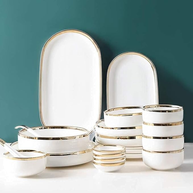 Dinnerware Set Luxury Family Dinner Service Set, Dinnerware Sets Service for 2/4/6, Kitchen Plates and Bowls Sets White, Luxury Bone China Tableware,9pcs