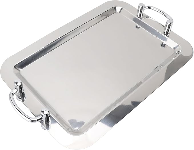 Dioche Steel Serving Tray Stainless Steel Platter with Handle – Multifunction Portable Serving Tray for Restaurant & Hotel Buffet, Rectangle Shape, 47.5cm (Rectangle Shape with Silver Handle, 47.5cm)