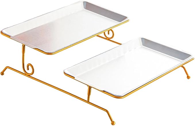 Fruit Tray Dessert Tray Serving Dish Two Layer Platter Organizer Iron Construction Modern Design Suitable for Gift Giving Dining Table Event, Silver
