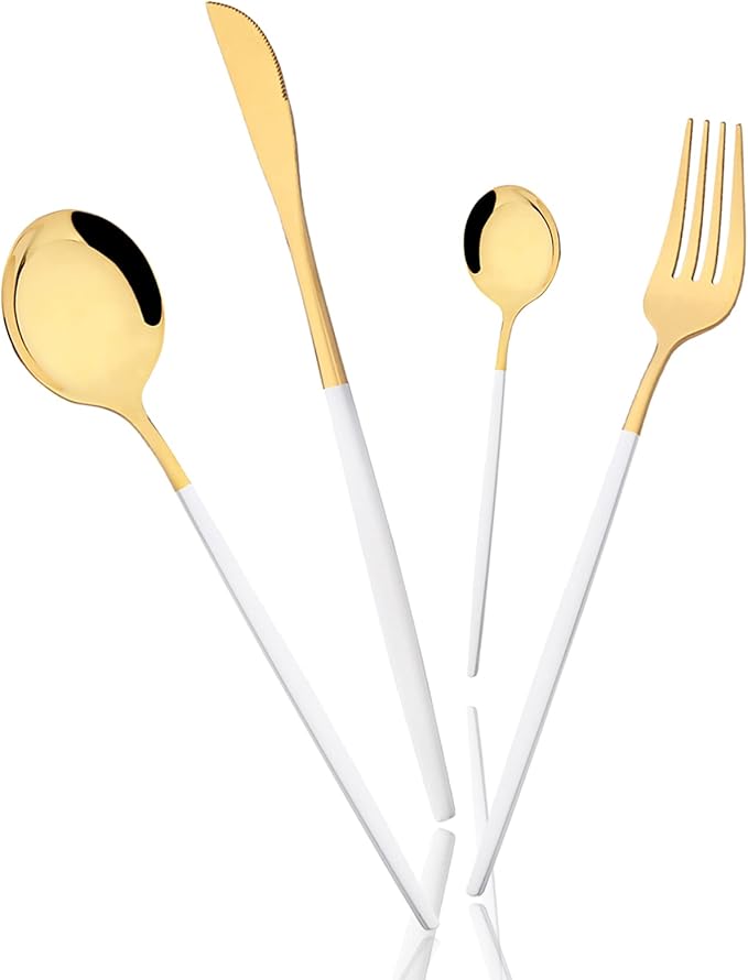 32 pcs Splicing Color handle Cutlery Set, Mirror Gold 18/0 Stainless Steel Flatware Set For 8, Metal Tableware Kitchen Utensils Include Dinner Knife/Fork/Spoon/Teaspoon, White Gold