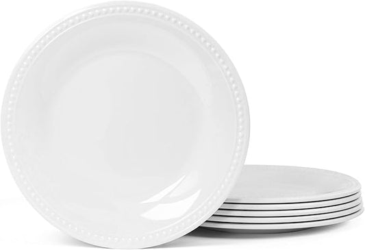 Melamine Beaded Dinner Plate Set of 6, BPA Free, Chip & Break Resistant, Lightweight, Great for Dining, Weddings & Everyday Meals, White, 8.5in