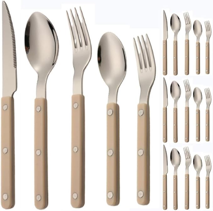 ABS Rivet Handle Marble Pattern Handle Kitchen Stainless Steel Silverware Tableware Flatware Cutlery Knives Forks Spoons Set,Butter Knife Dessert Spoon Fork (White,20 pieces)