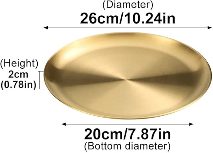 Stainless Steel Food Trays, Round Flat Dish Bread Pastry Baking Pan, Tea and Bar Serving Tray Party Cake Dessert Plate, Gold,L(26x20x2cm)