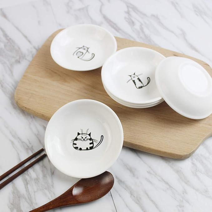 FUYU 6pcs Cute Cat Ceramic Sauce Plate, Snack Plate, Side Dish, 4 inches